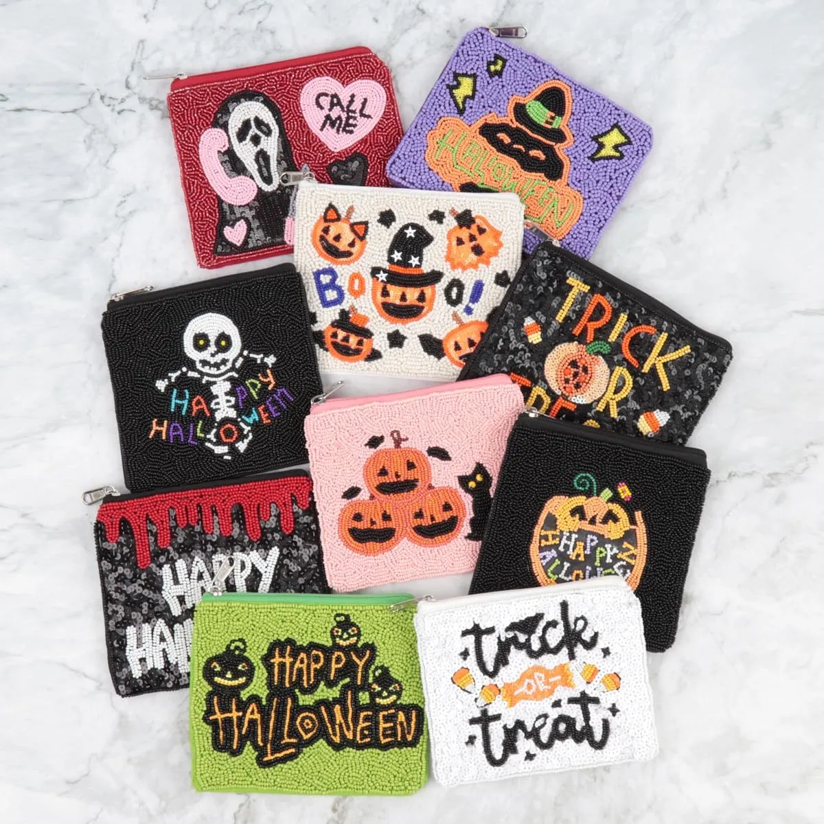 Multifunction Cute Print Travel Cosmetic Pouch Bag - Bridesmaid Organizer Wristlet Purse Inspirational Quote/Skull/Pineapple (Bead Coin Pouch - Trick or Treat Black)
