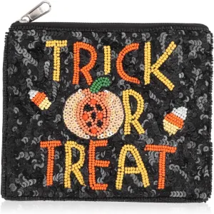 Multifunction Cute Print Travel Cosmetic Pouch Bag - Bridesmaid Organizer Wristlet Purse Inspirational Quote/Skull/Pineapple (Bead Coin Pouch - Trick or Treat Black)