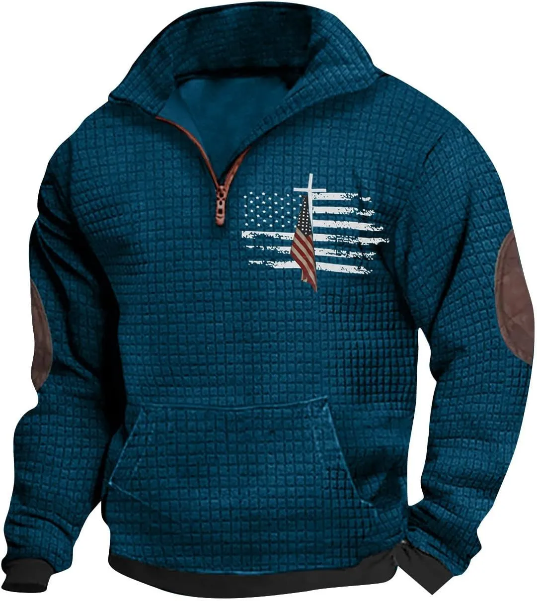 Muscularfit Sweatshirts for Men No Hood Long Sleeve Waffle Stand Collar Pullover Casual Quarter-Zip Lightweight Tee Shirts