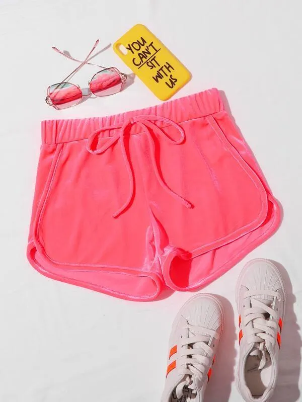 Neon Pink Knot Waist Velvet Dolphin Shorts