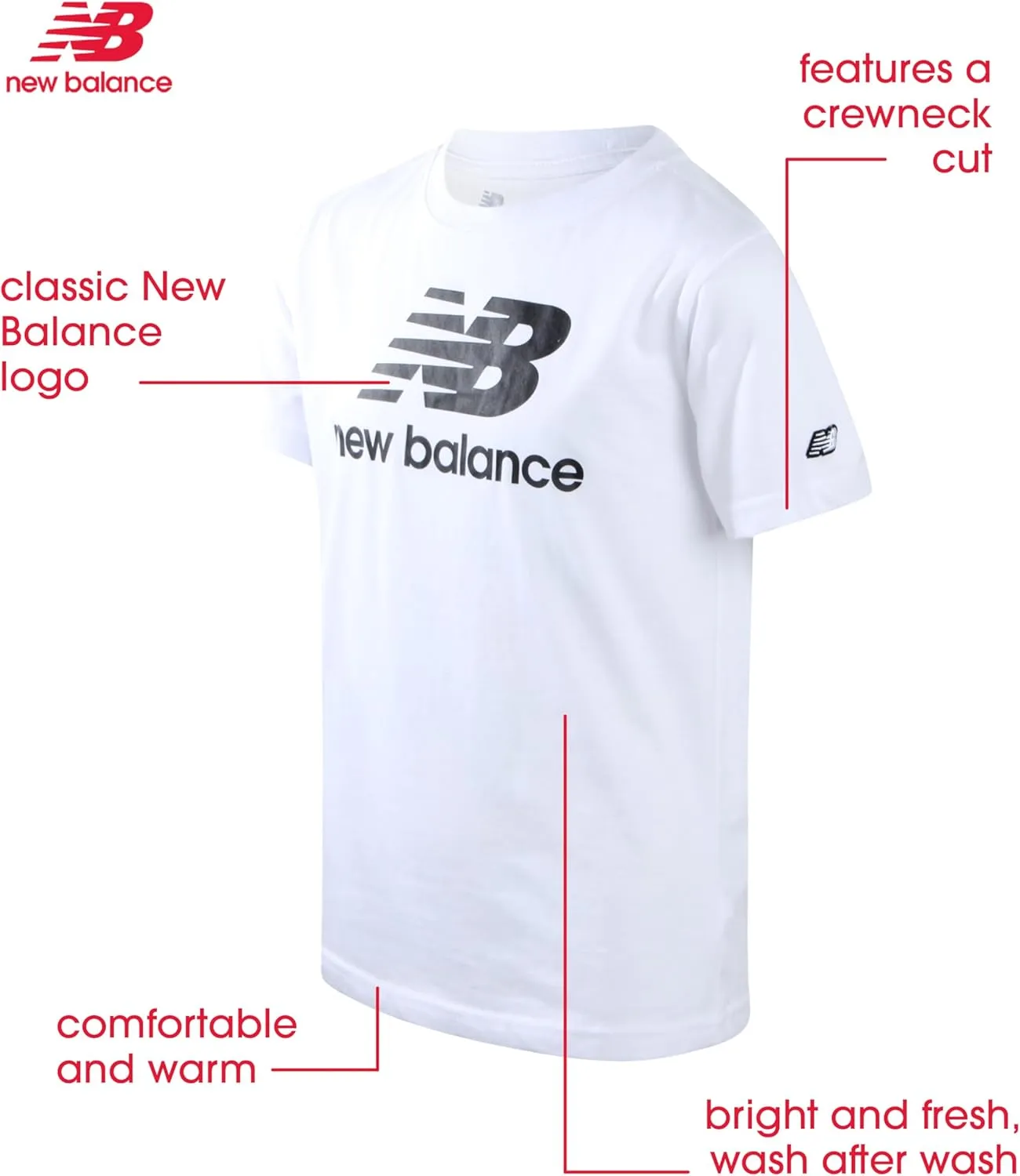 New Balance Boys' T-Shirt - Cotton Core Stacked Logo Shirt for Boys' - Kids Youth Athletic Crewneck Short Sleeve Tee (8-20)