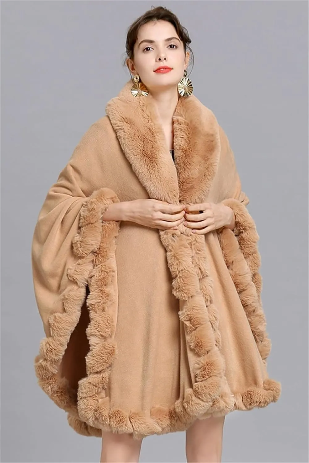 Obosoyo Ponchos for Women Shawls and Wraps Evening Dresses Faux Fur Collar Cloak Cape Pashmina
