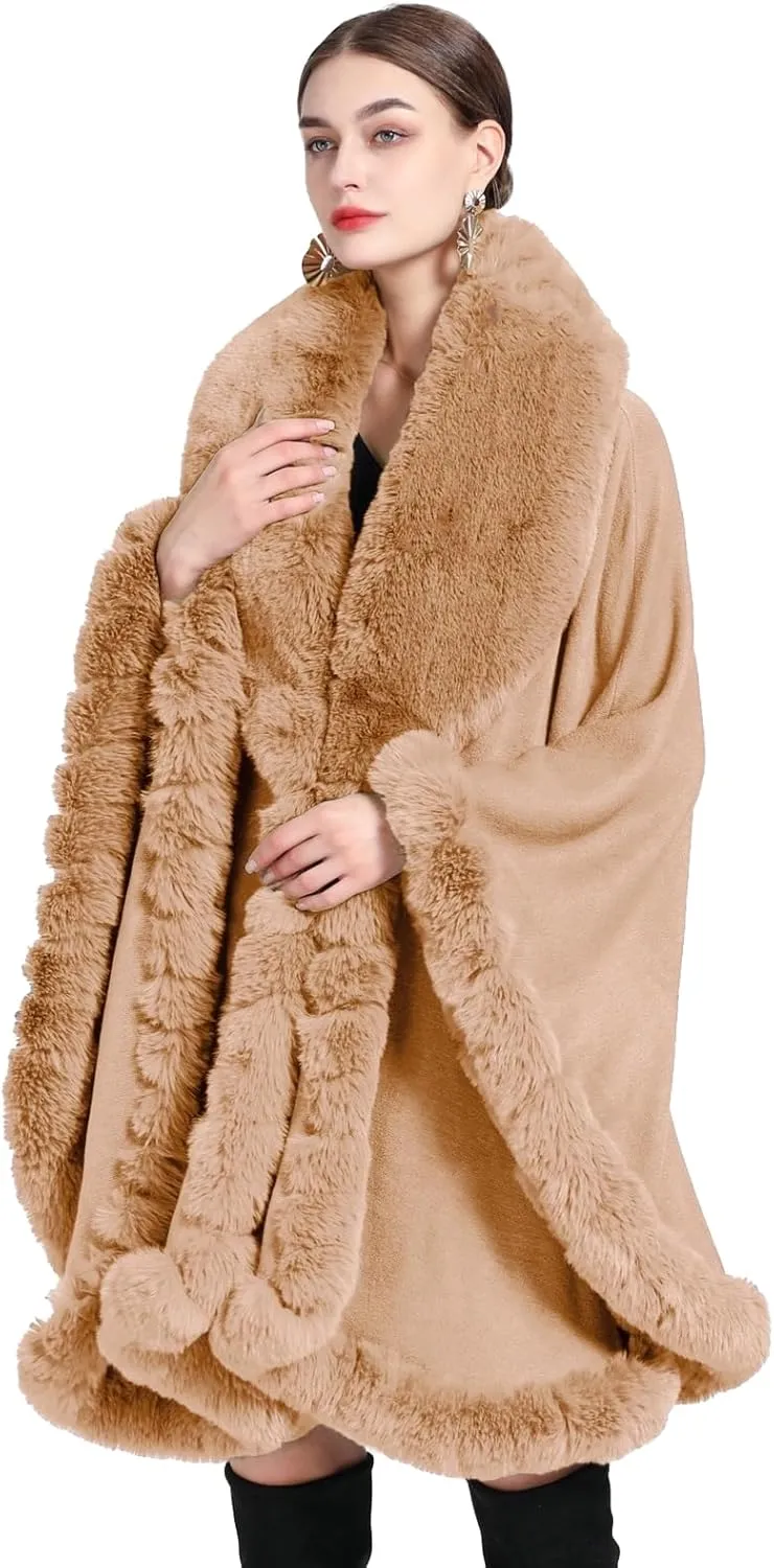 Obosoyo Ponchos for Women Shawls and Wraps Evening Dresses Faux Fur Collar Cloak Cape Pashmina
