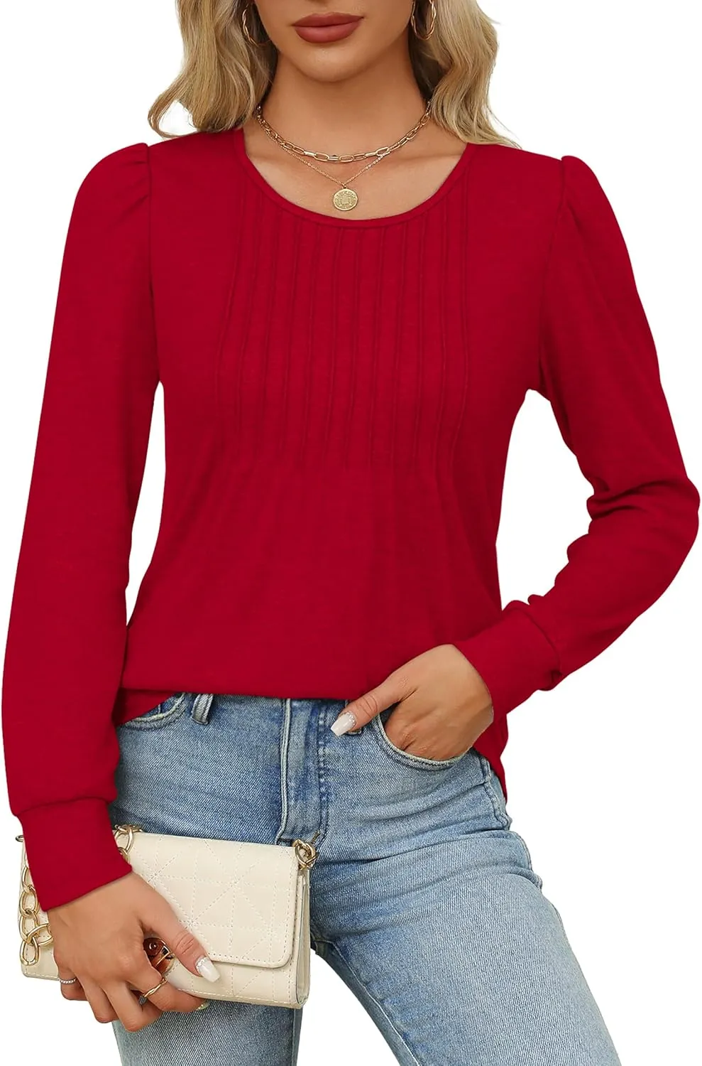 OFEEFAN Long Sleeve Shirts for Women Fall Tops Dressy Casual Blouses Pleated Scooped Neck Tunic Tops for Leggings
