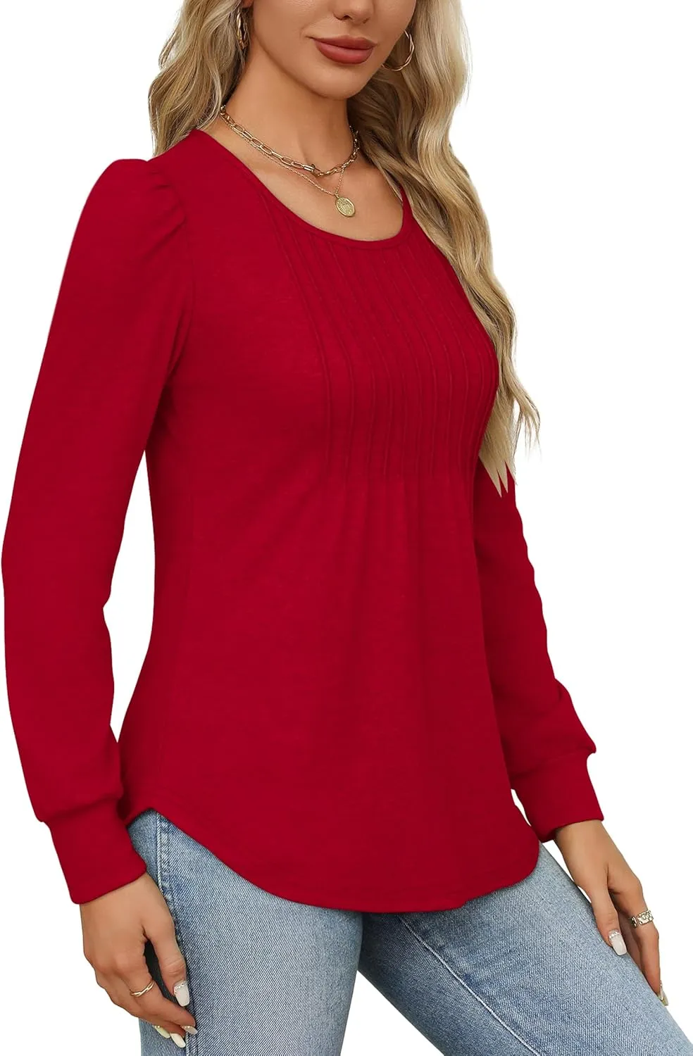 OFEEFAN Long Sleeve Shirts for Women Fall Tops Dressy Casual Blouses Pleated Scooped Neck Tunic Tops for Leggings