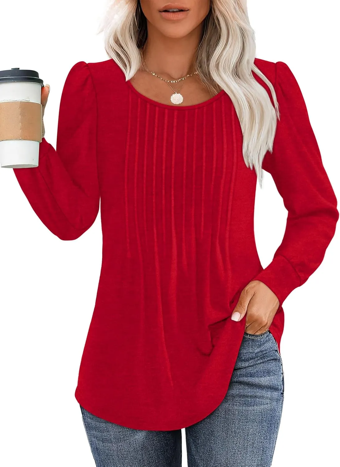 OFEEFAN Long Sleeve Shirts for Women Fall Tops Dressy Casual Blouses Pleated Scooped Neck Tunic Tops for Leggings