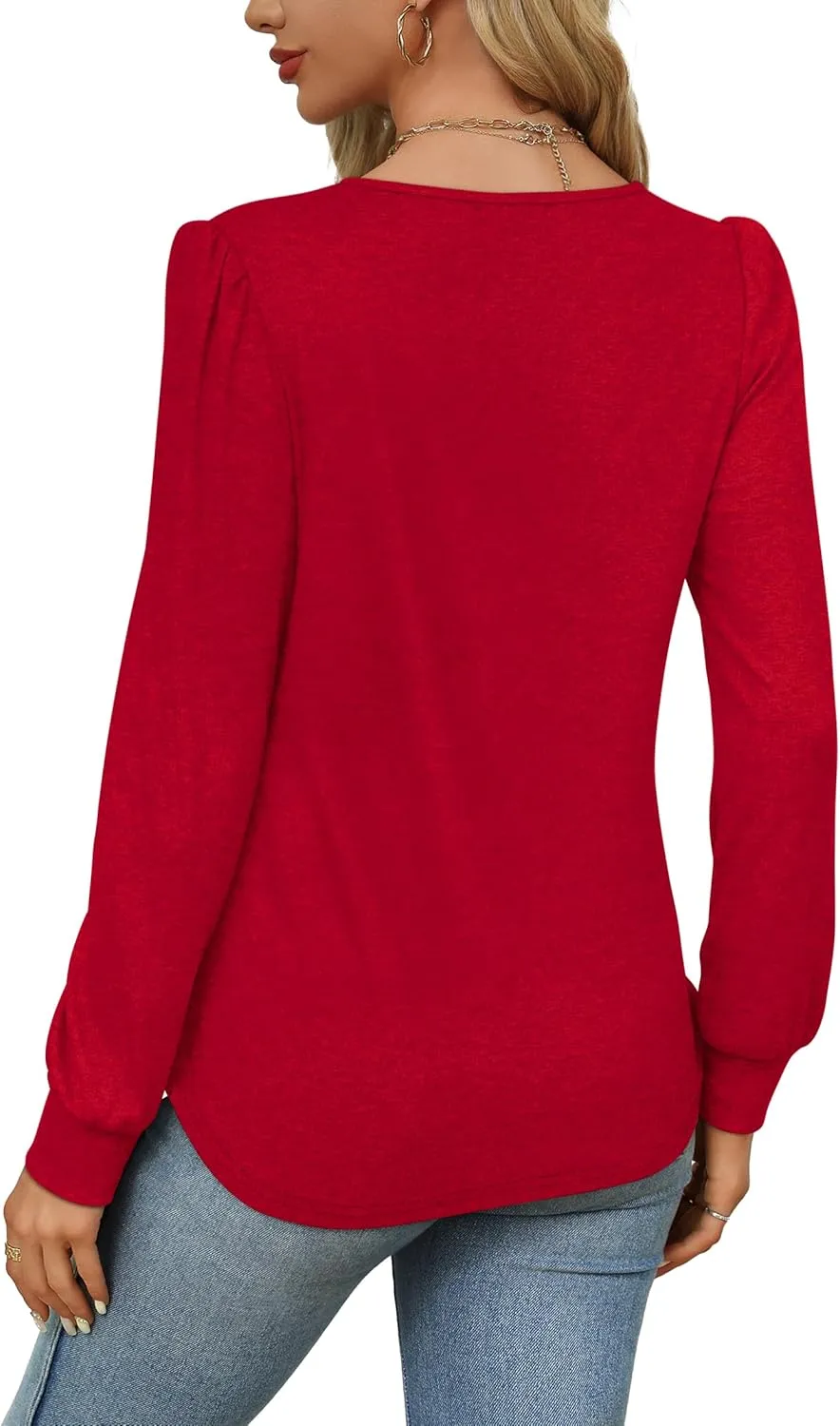 OFEEFAN Long Sleeve Shirts for Women Fall Tops Dressy Casual Blouses Pleated Scooped Neck Tunic Tops for Leggings