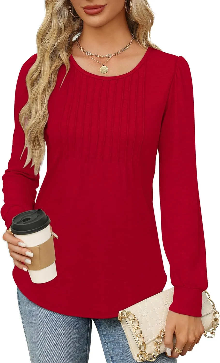 OFEEFAN Long Sleeve Shirts for Women Fall Tops Dressy Casual Blouses Pleated Scooped Neck Tunic Tops for Leggings