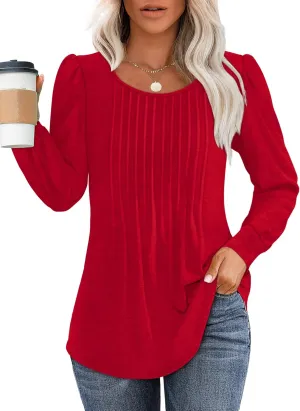 OFEEFAN Long Sleeve Shirts for Women Fall Tops Dressy Casual Blouses Pleated Scooped Neck Tunic Tops for Leggings