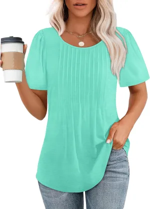 OFEEFAN Womens T Shirts Short Sleeve Pleated Dressy Casual Scooped Neck Summer Tops Blouses