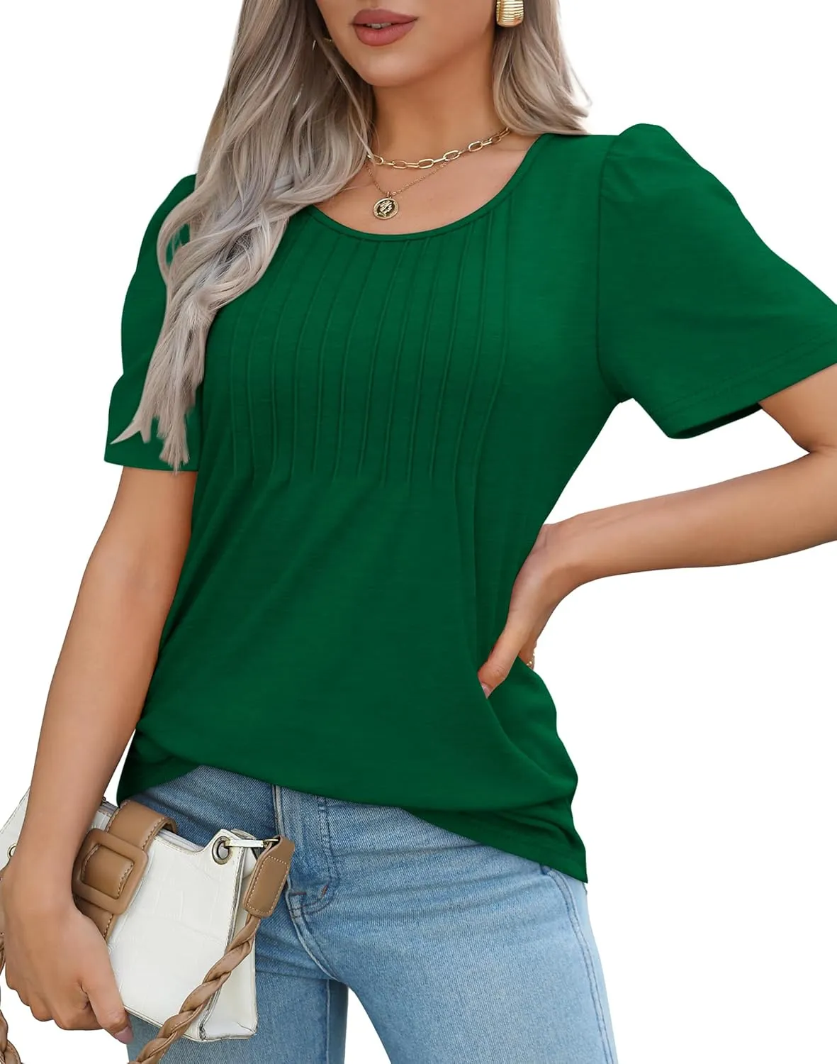 OFEEFAN Womens T Shirts Short Sleeve Pleated Dressy Casual Scooped Neck Summer Tops Blouses