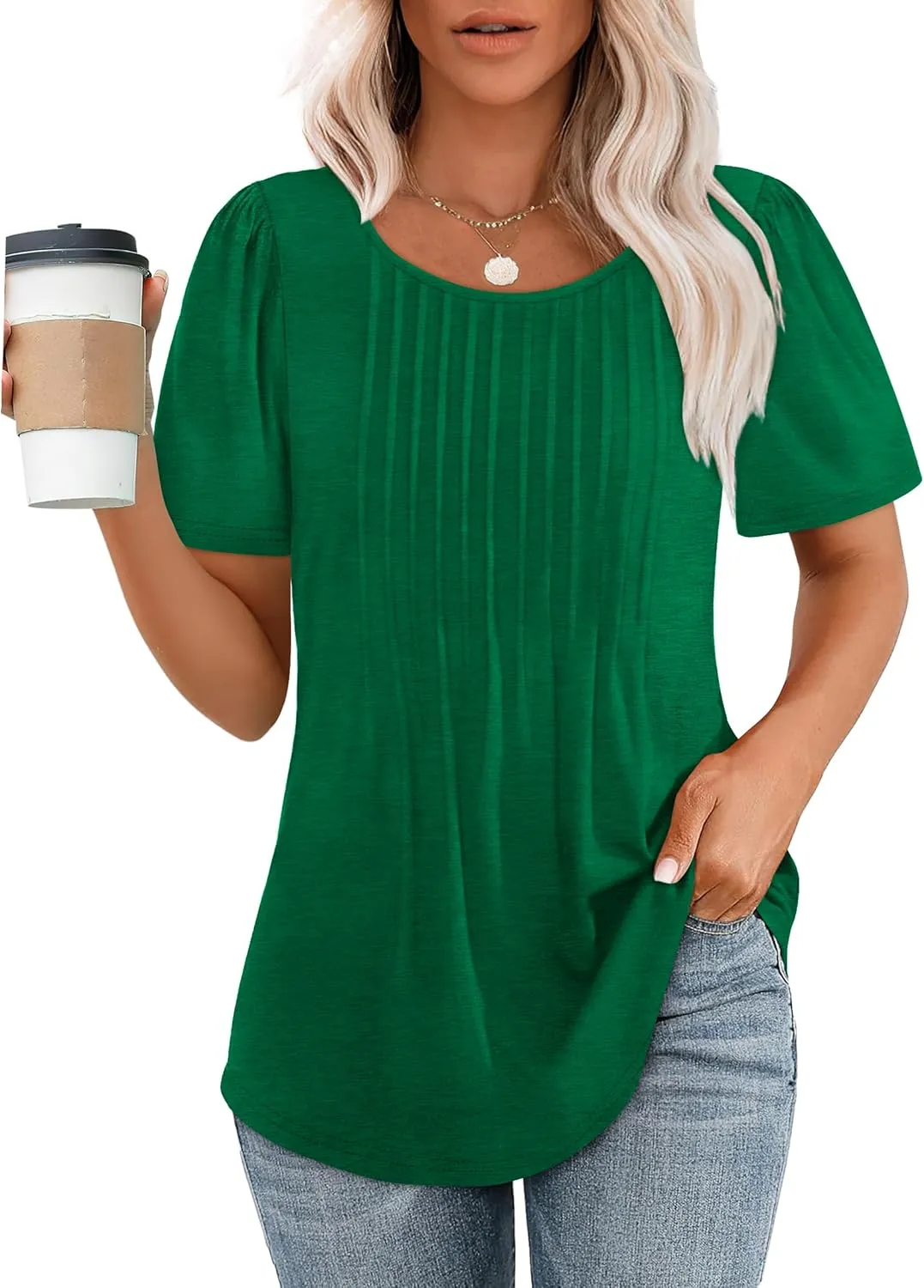 OFEEFAN Womens T Shirts Short Sleeve Pleated Dressy Casual Scooped Neck Summer Tops Blouses
