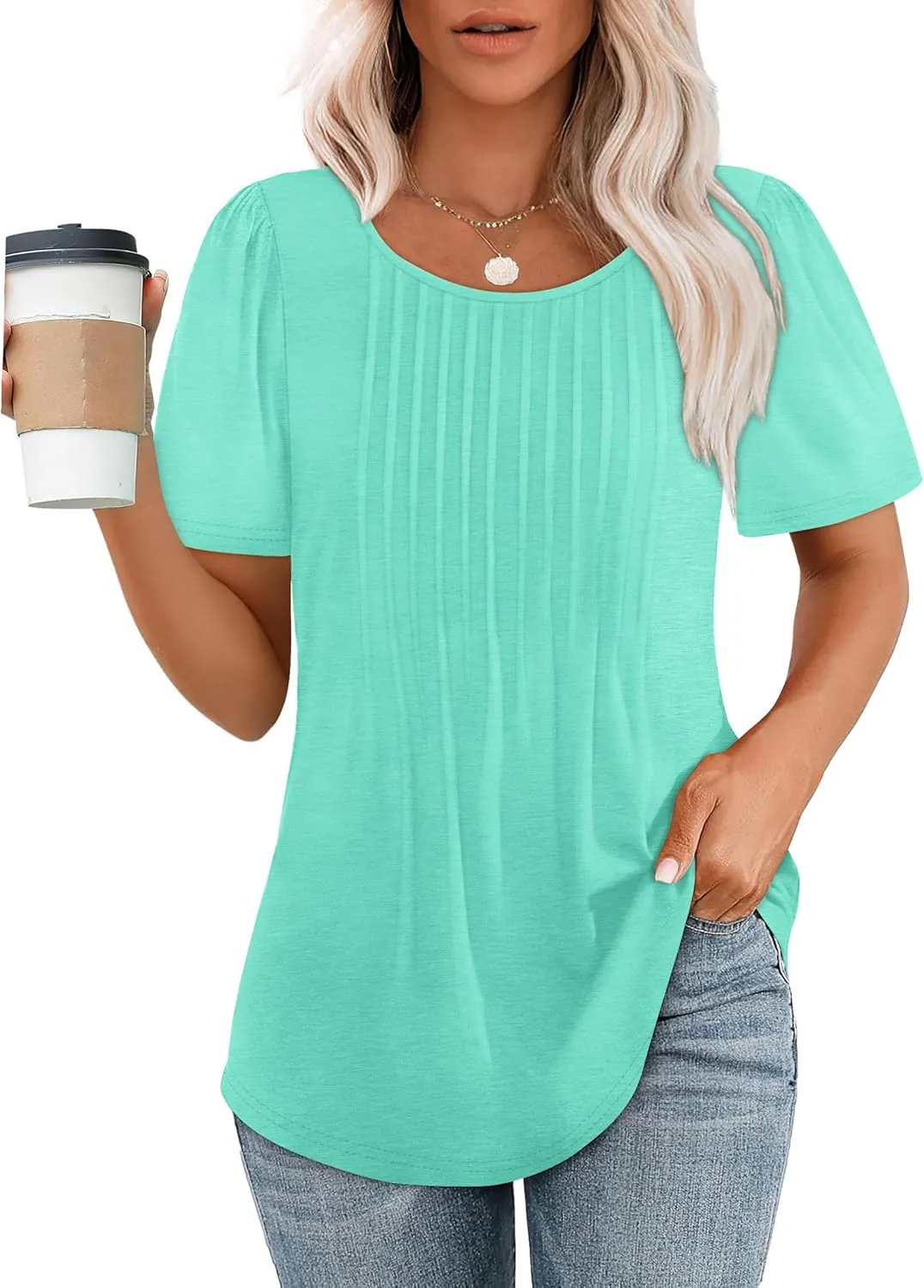 OFEEFAN Womens T Shirts Short Sleeve Pleated Dressy Casual Scooped Neck Summer Tops Blouses