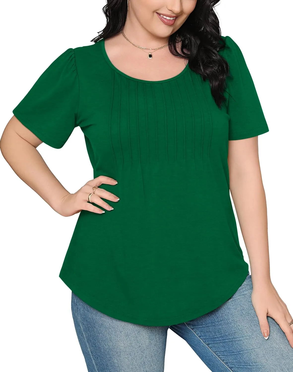 OFEEFAN Womens T Shirts Short Sleeve Pleated Dressy Casual Scooped Neck Summer Tops Blouses