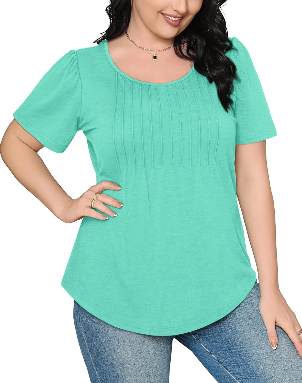 OFEEFAN Womens T Shirts Short Sleeve Pleated Dressy Casual Scooped Neck Summer Tops Blouses
