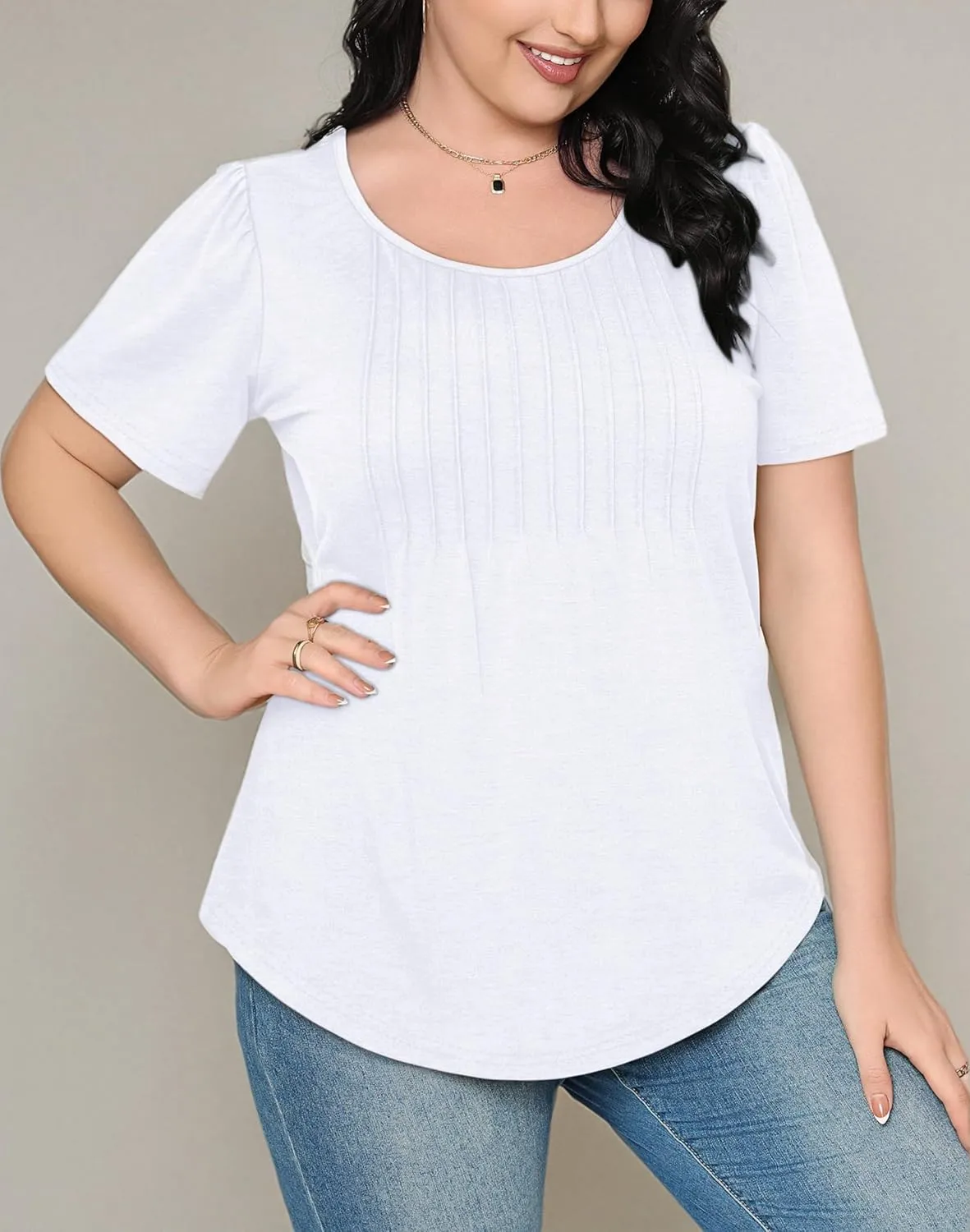 OFEEFAN Womens T Shirts Short Sleeve Pleated Dressy Casual Scooped Neck Summer Tops Blouses
