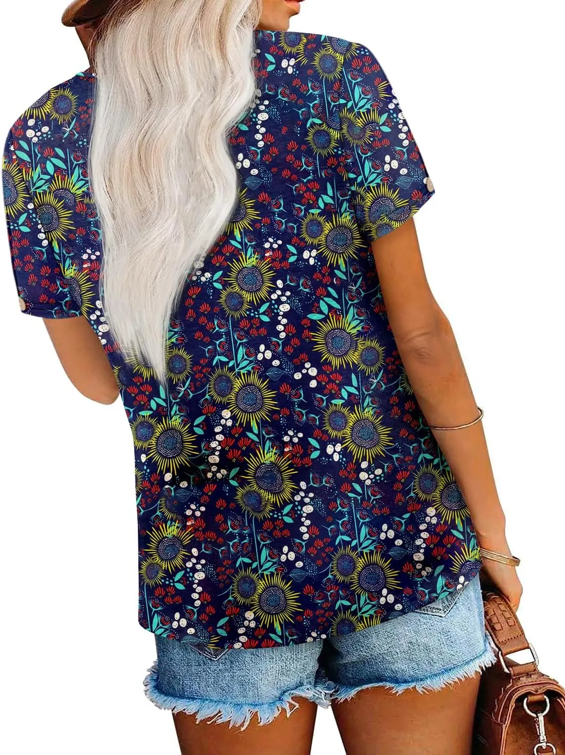 ONLYSHE Women Trendy Summer Shirts and Blouses Short Sleeve Tunic Tops V Neck Loose Fit Casual Tees