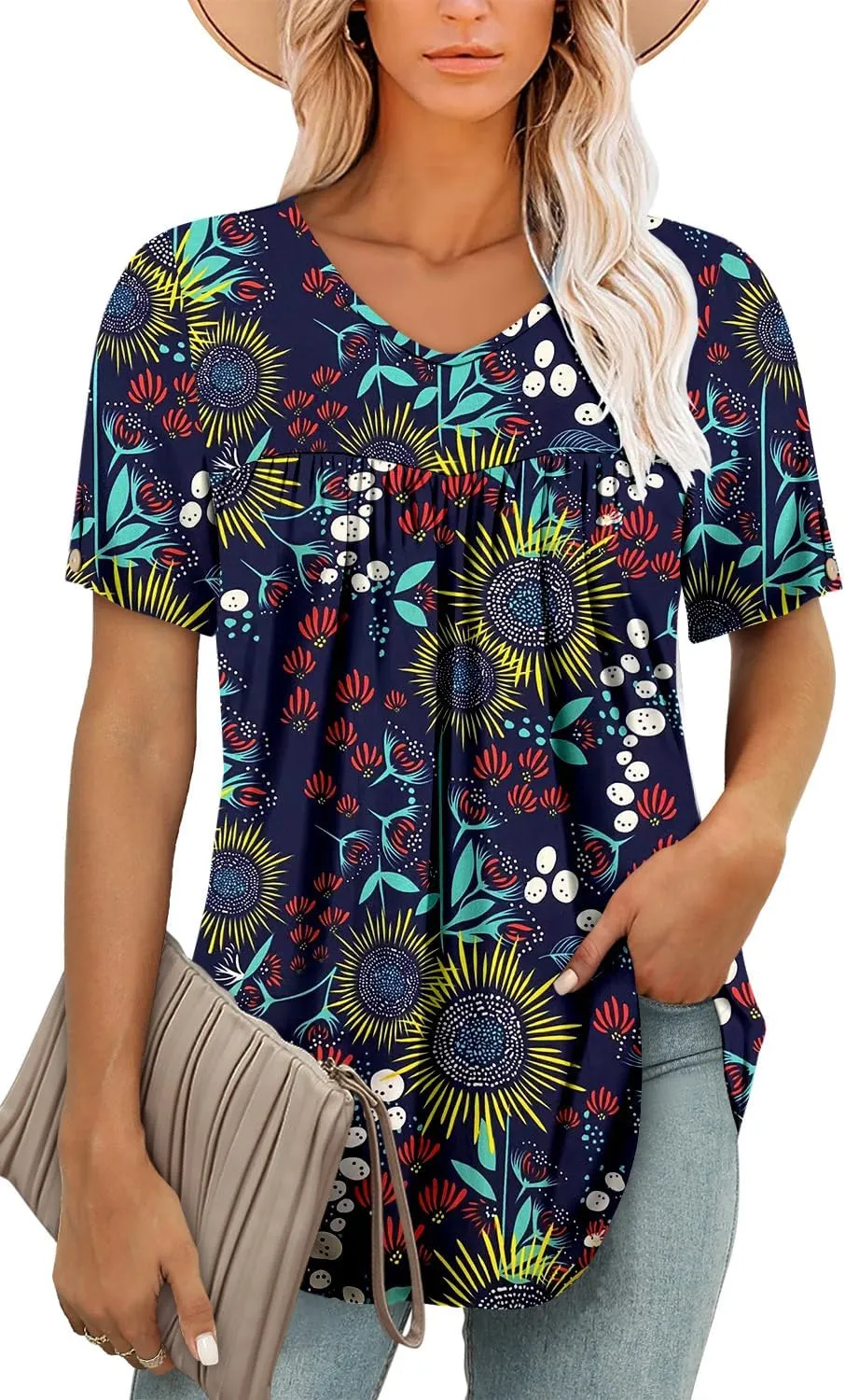 ONLYSHE Women Trendy Summer Shirts and Blouses Short Sleeve Tunic Tops V Neck Loose Fit Casual Tees