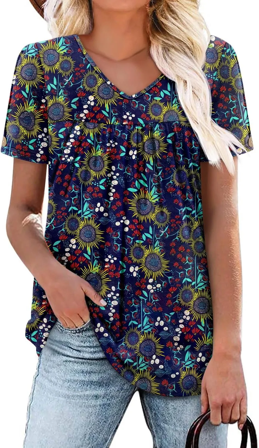 ONLYSHE Women Trendy Summer Shirts and Blouses Short Sleeve Tunic Tops V Neck Loose Fit Casual Tees