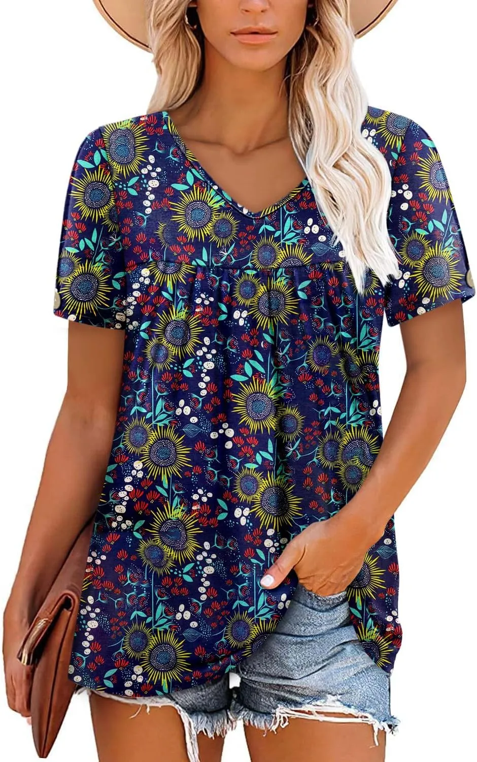 ONLYSHE Women Trendy Summer Shirts and Blouses Short Sleeve Tunic Tops V Neck Loose Fit Casual Tees
