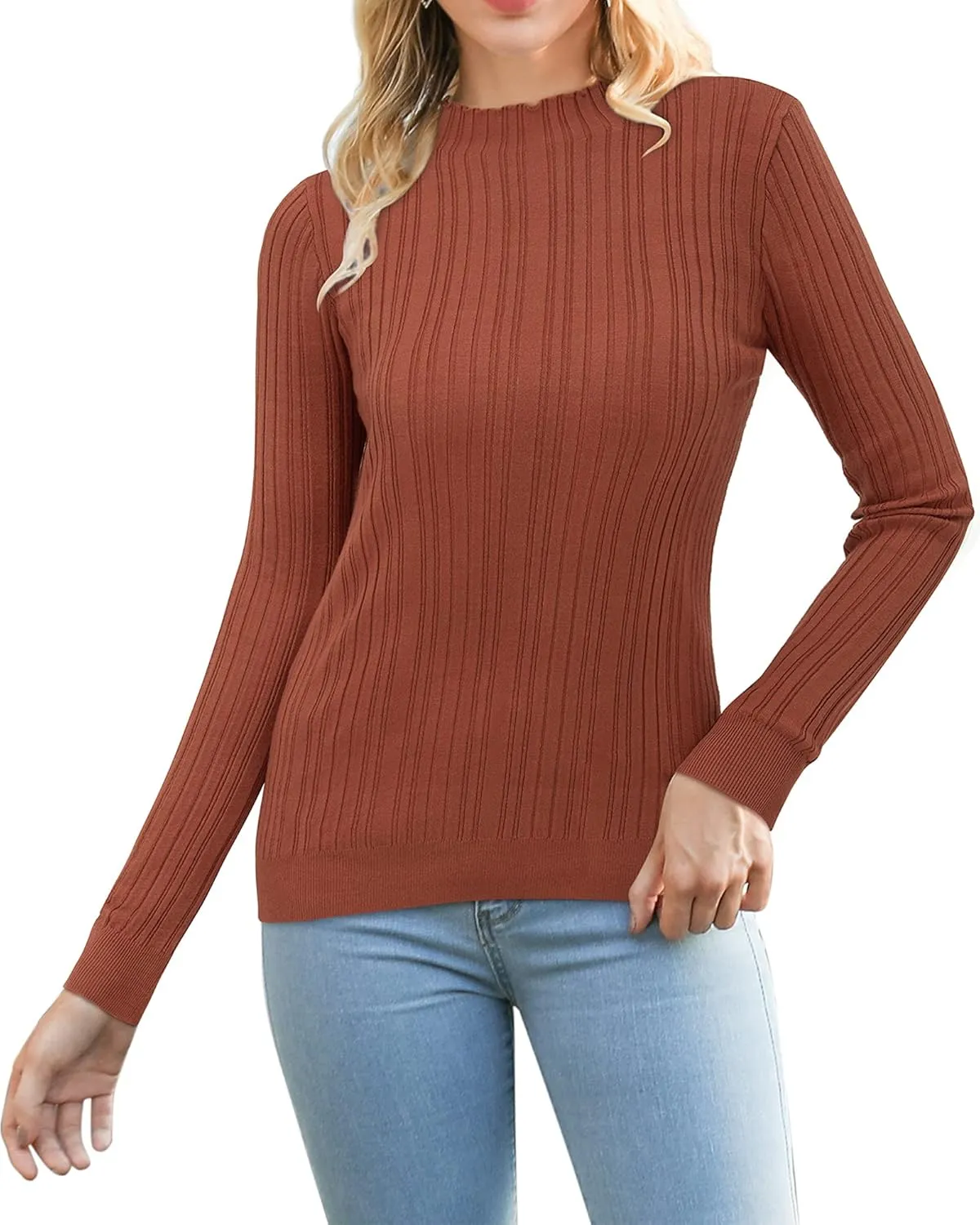 OUGES Womens 2024 Spring Summer Tops Basic Slim Fit Sweaters Turtleneck T Shirts Business Casual Outfits