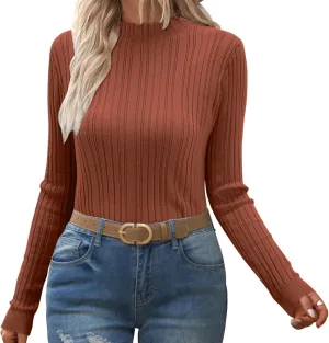 OUGES Womens 2024 Spring Summer Tops Basic Slim Fit Sweaters Turtleneck T Shirts Business Casual Outfits