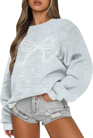 Oversized Crewneck Sweatshirt Women Cute Bow Graphic Sweatshirts Long Sleeve Fleece Pullover Bow Sweater Y2k Tops
