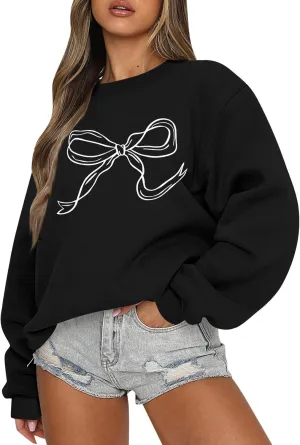 Oversized Crewneck Sweatshirt Women Cute Bow Graphic Sweatshirts Long Sleeve Fleece Pullover Bow Sweater Y2k Tops