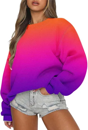 Oversized Long Sleeve Sweatshirts for Women Drop Shoulder Gradient Color Crewneck Pullover Tops Fall Fashion Clothes