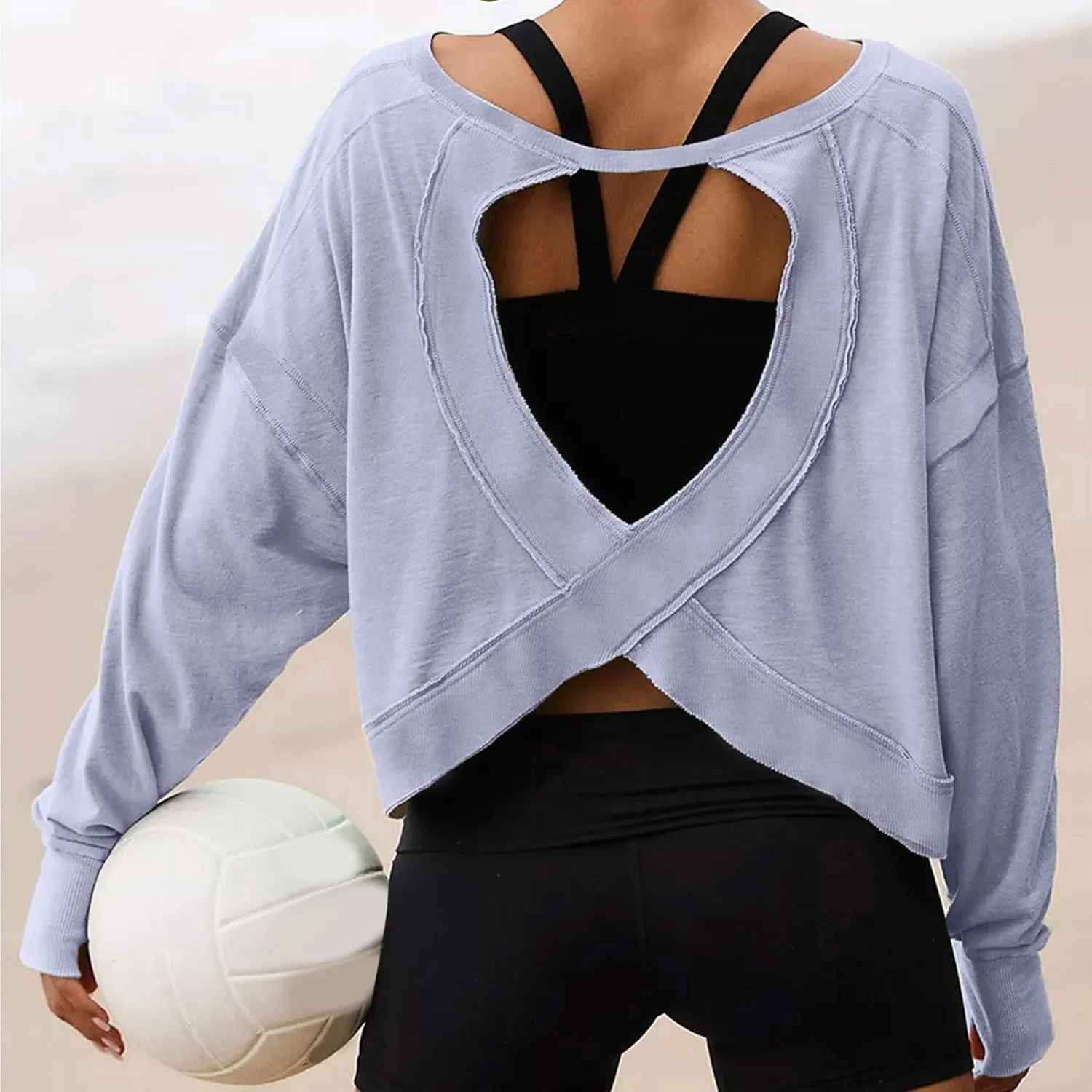 Oversized Sweatshirt for Women Crewneck Long Sleeve Tops Open Back Cross Hem Loose Fall Hoodie Casual Pullover