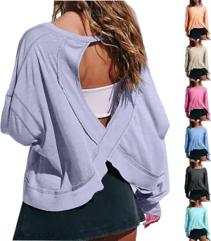 Oversized Sweatshirt for Women Crewneck Long Sleeve Tops Open Back Cross Hem Loose Fall Hoodie Casual Pullover