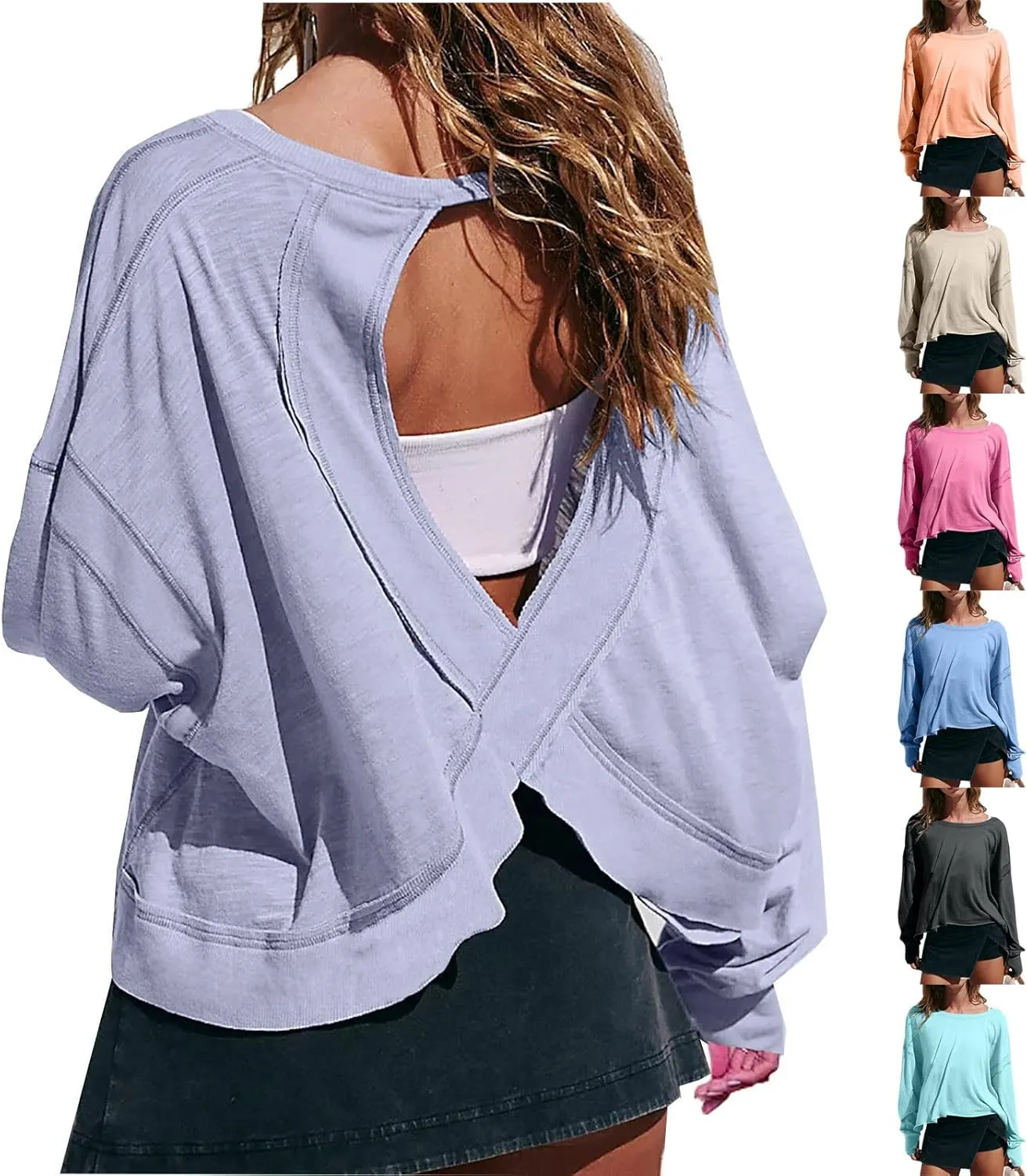 Oversized Sweatshirt for Women Crewneck Long Sleeve Tops Open Back Cross Hem Loose Fall Hoodie Casual Pullover