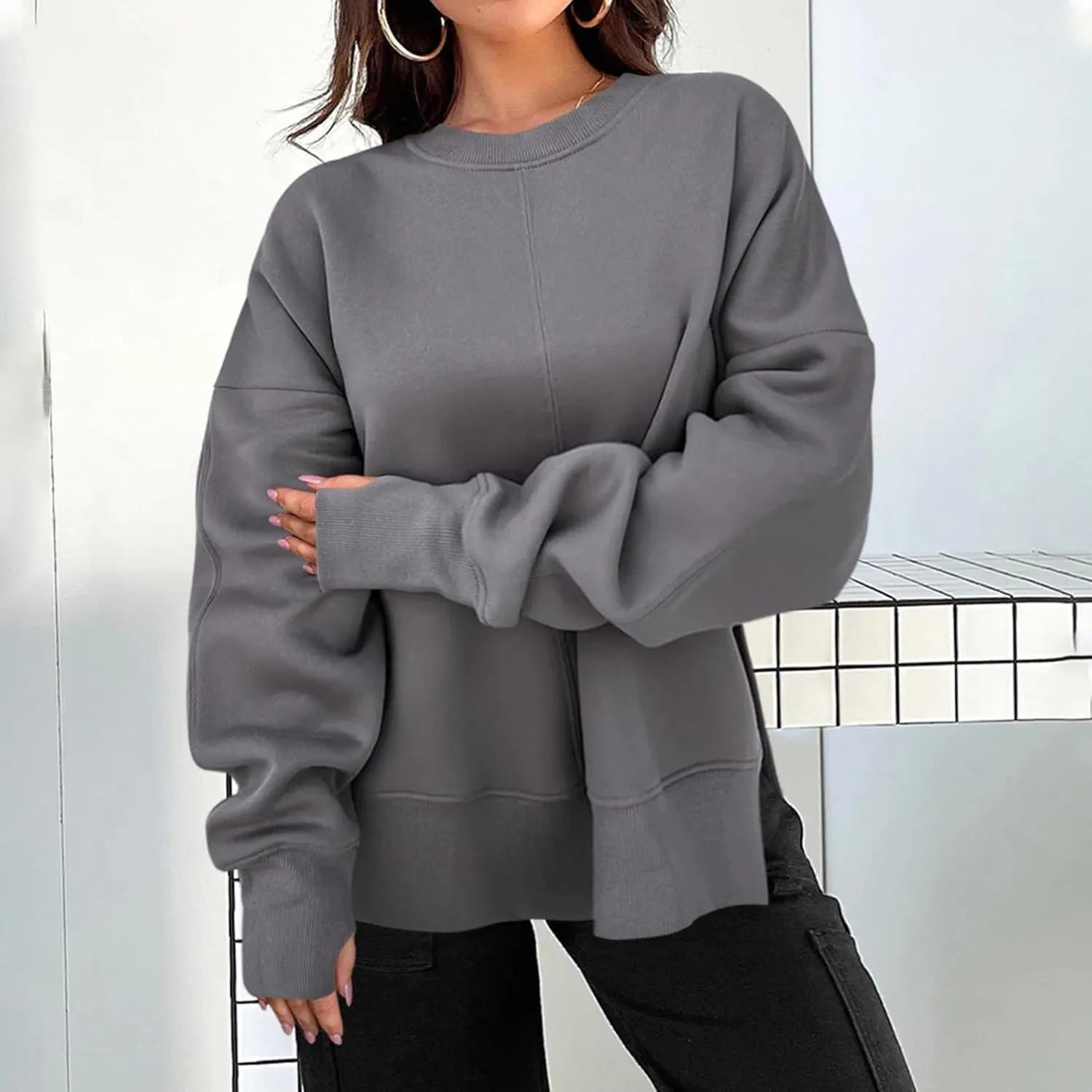 Oversized Sweatshirt for Women Loose Fit Crewneck Side Slit Draped Pullover Sweaters Casual Long Sleeve Comfrt Hoodies