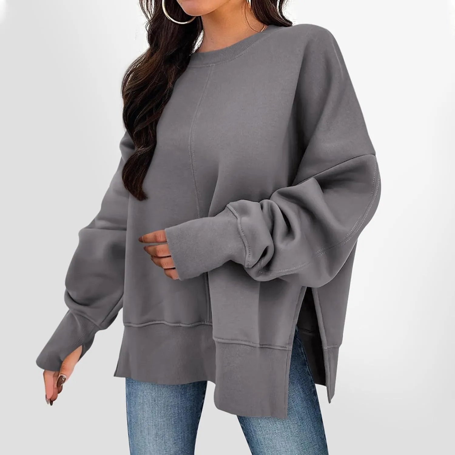 Oversized Sweatshirt for Women Loose Fit Crewneck Side Slit Draped Pullover Sweaters Casual Long Sleeve Comfrt Hoodies