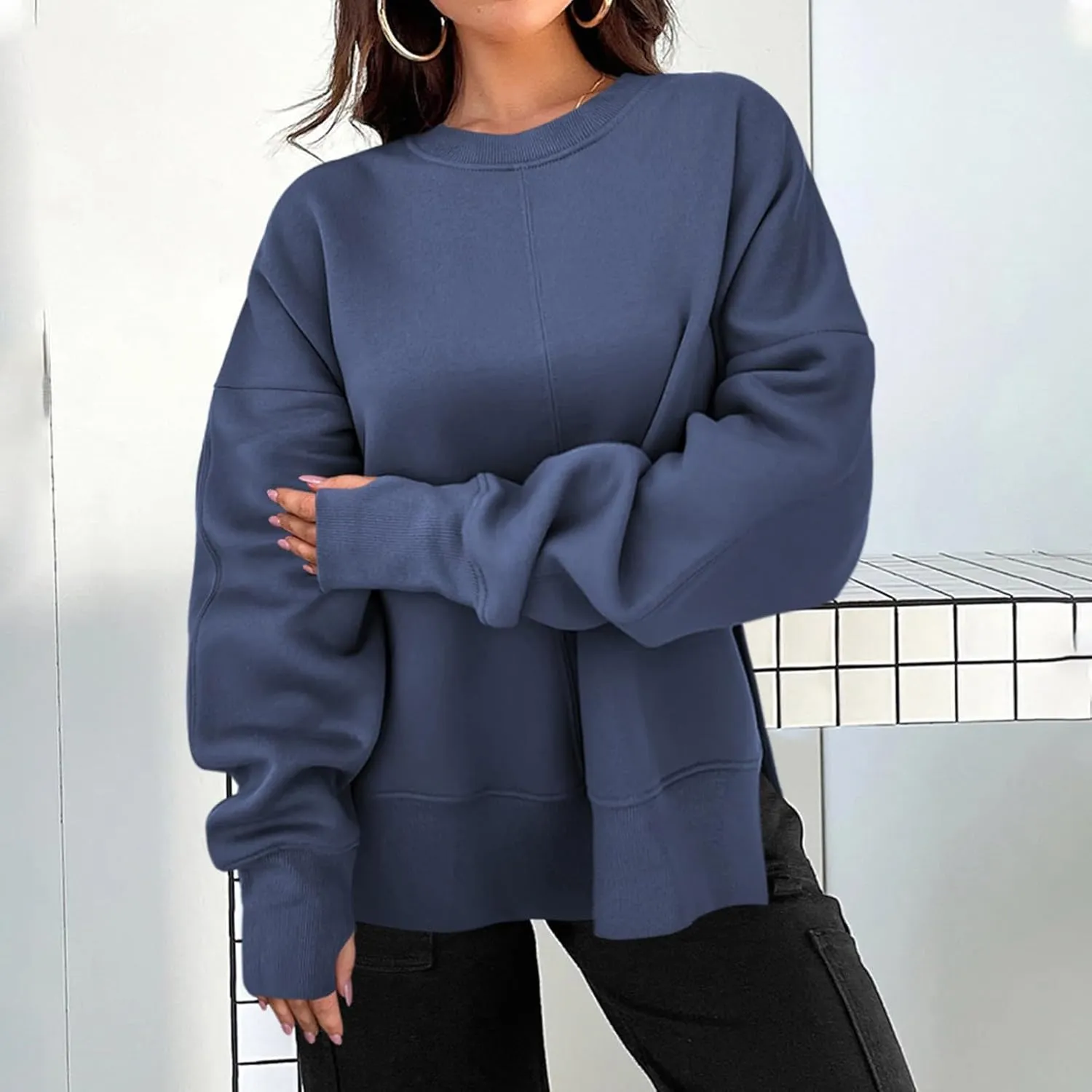 Oversized Sweatshirt for Women Loose Fit Crewneck Side Slit Draped Pullover Sweaters Casual Long Sleeve Comfrt Hoodies