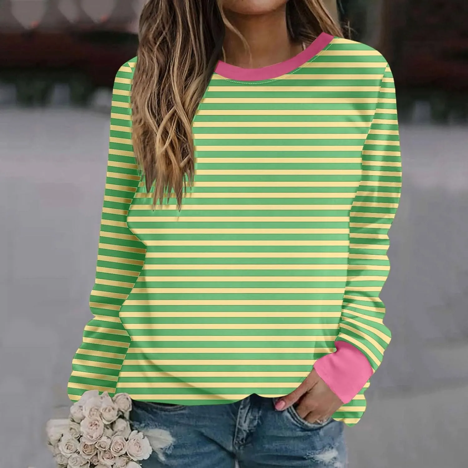Oversized Sweatshirts for Women Loose Fit Long Sleeve Pullover Tops Striped No Hood Crewneck Casual Comfy Blouses