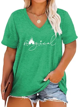 Plus Size Magical Shirts Women Magic Castle V Neck T Shirts Short Sleeve Tshirts Summer Tops