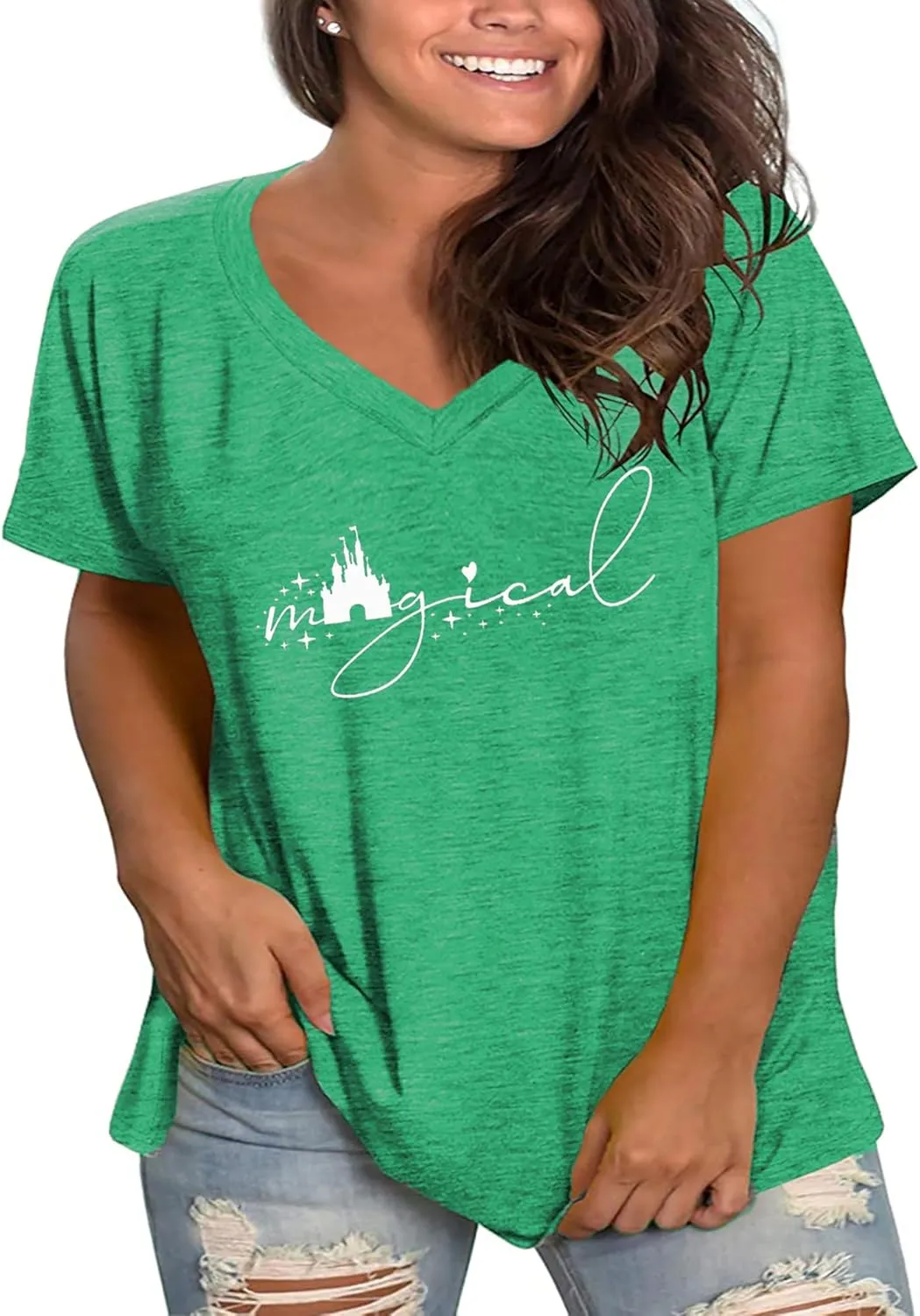 Plus Size Magical Shirts Women Magic Castle V Neck T Shirts Short Sleeve Tshirts Summer Tops