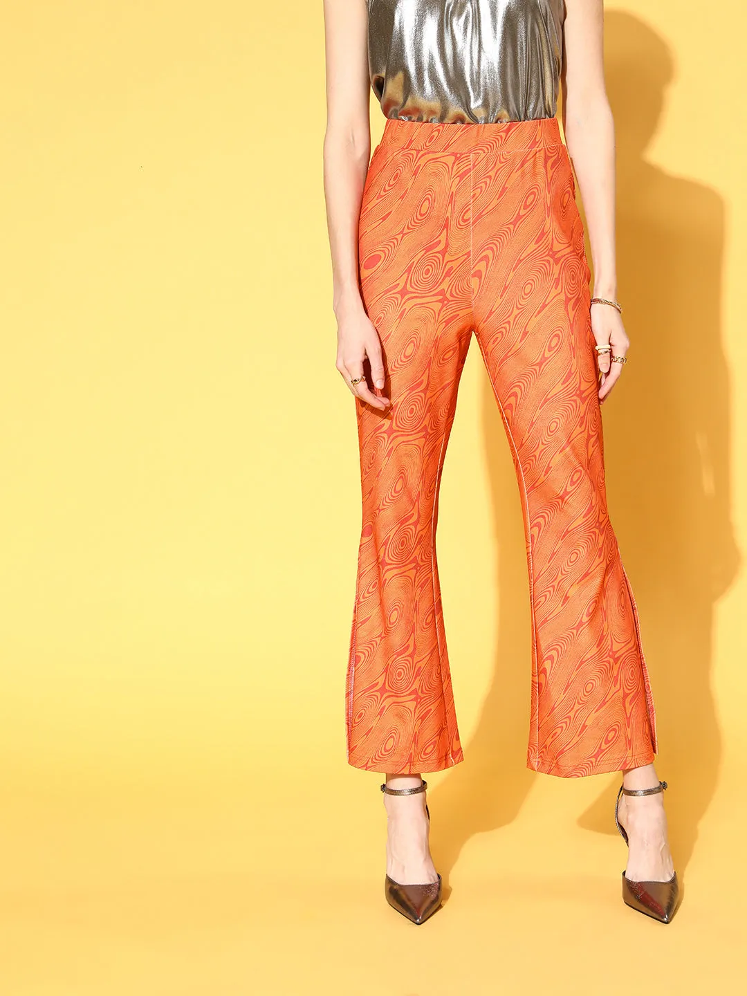 plusS Women Orange Abstract Print Side-Slit Trousers