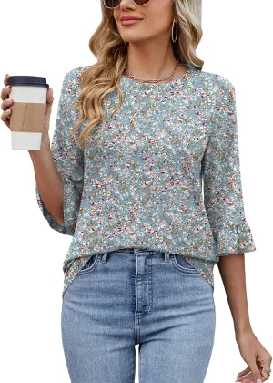 Poetsky Women's 3/4 Sleeve Tops Casual Crew Neck T Shirts Spring Summer Loose Ruffle Tunic Blouses