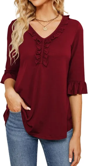 Poetsky Women's 3/4 Sleeve Tops Casual V Neck Shirts Loose Ruffle Tunic Blouses