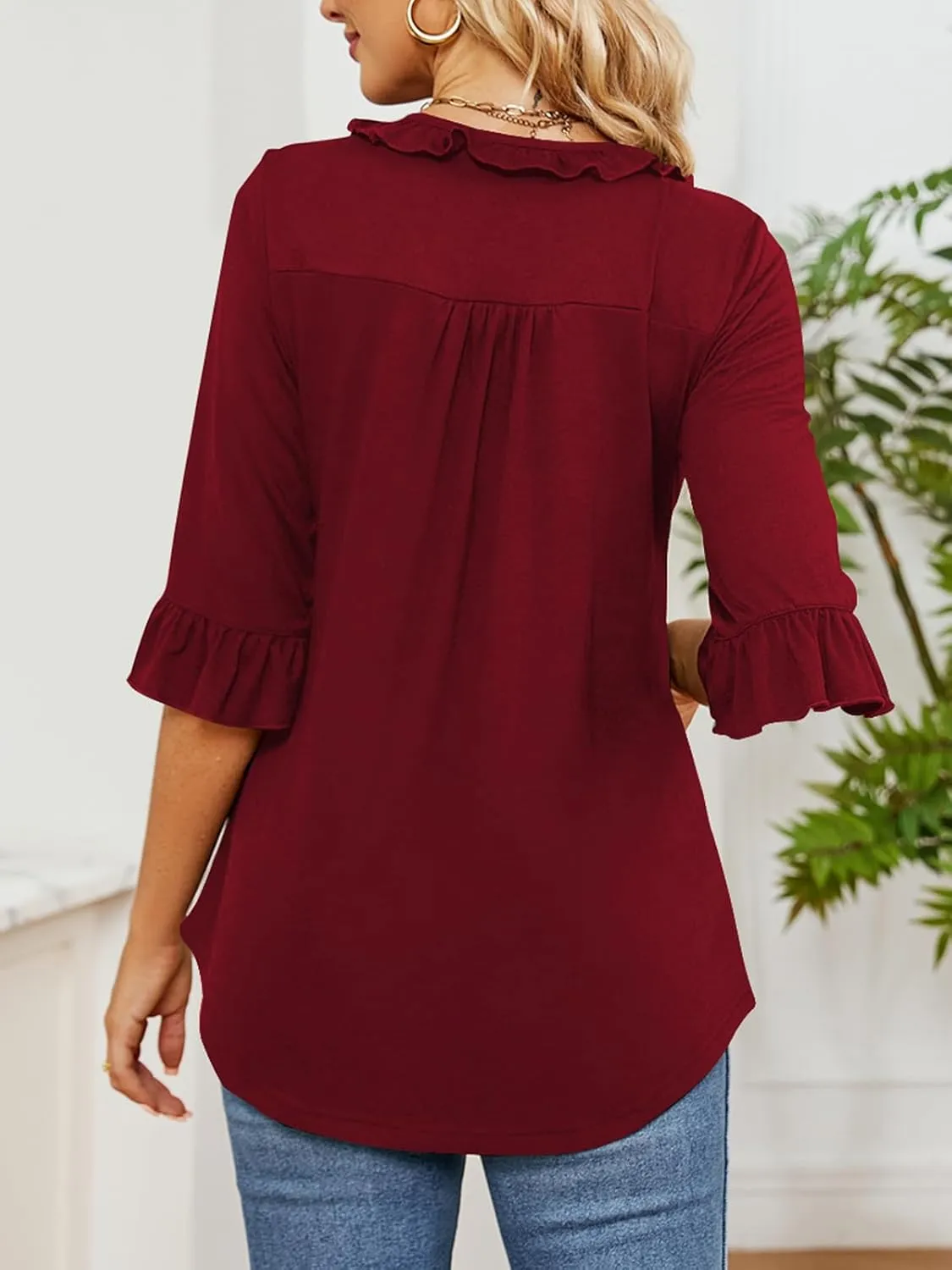 Poetsky Women's 3/4 Sleeve Tops Casual V Neck Shirts Loose Ruffle Tunic Blouses
