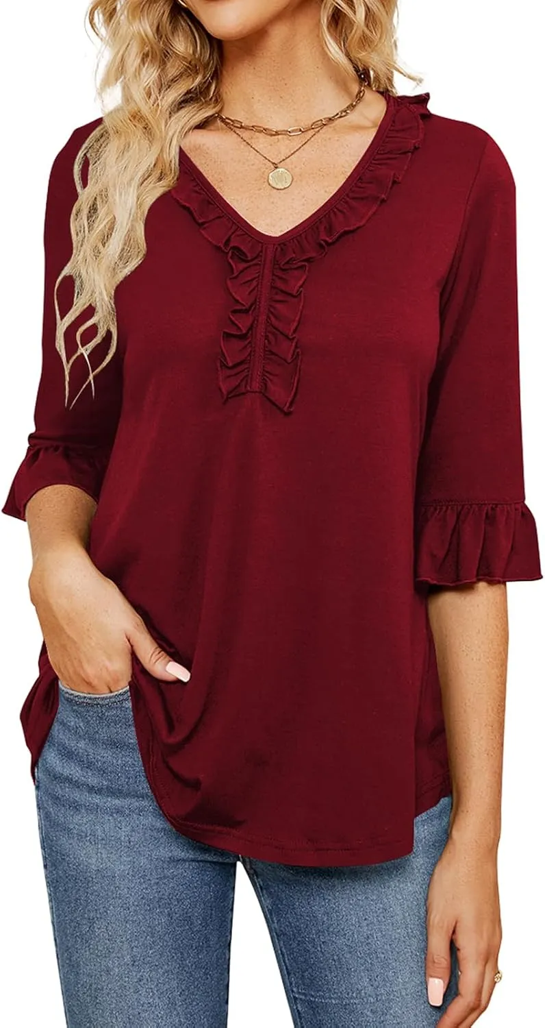 Poetsky Women's 3/4 Sleeve Tops Casual V Neck Shirts Loose Ruffle Tunic Blouses