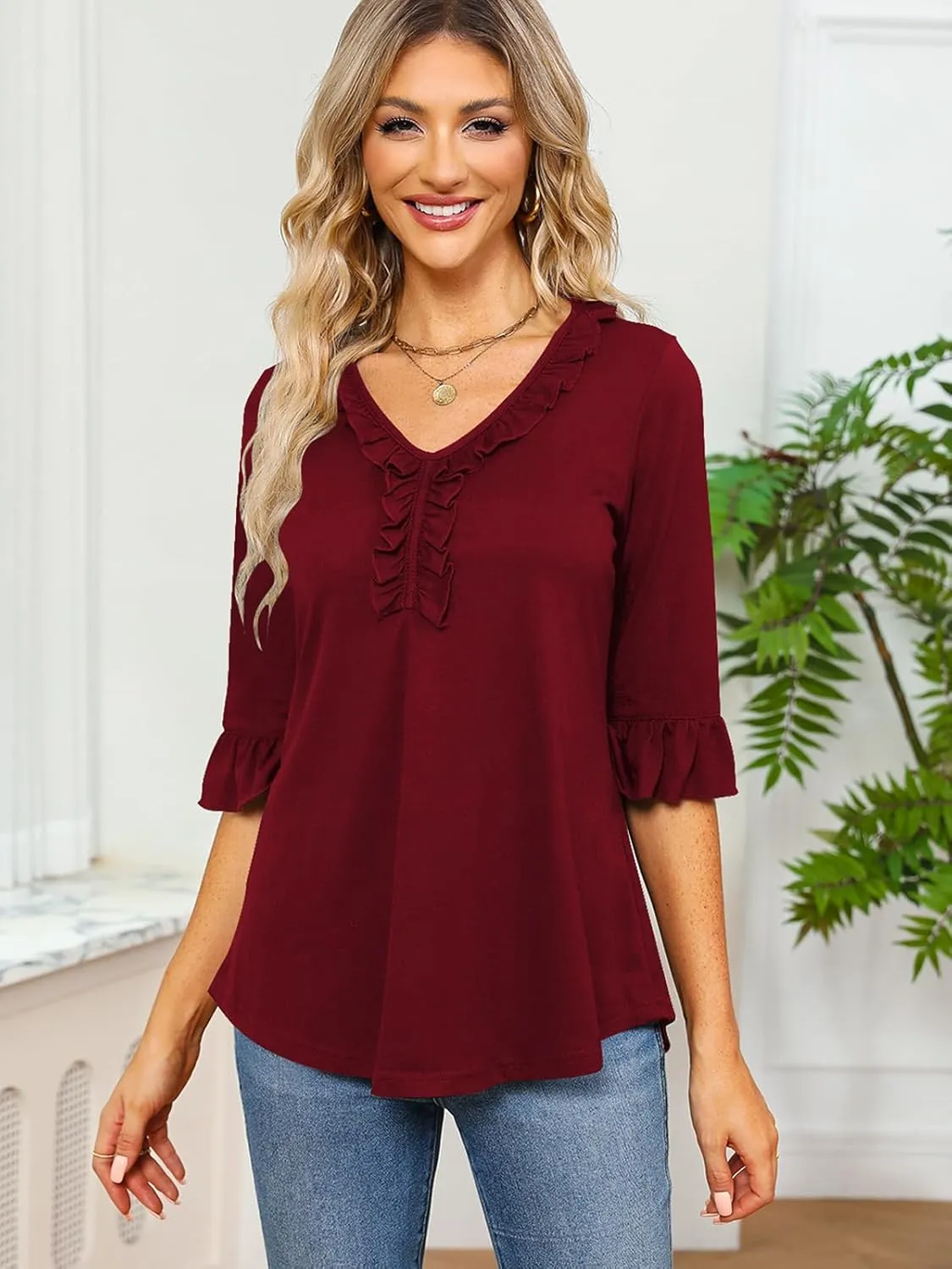Poetsky Women's 3/4 Sleeve Tops Casual V Neck Shirts Loose Ruffle Tunic Blouses
