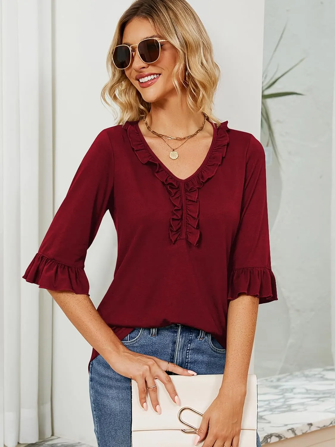 Poetsky Women's 3/4 Sleeve Tops Casual V Neck Shirts Loose Ruffle Tunic Blouses