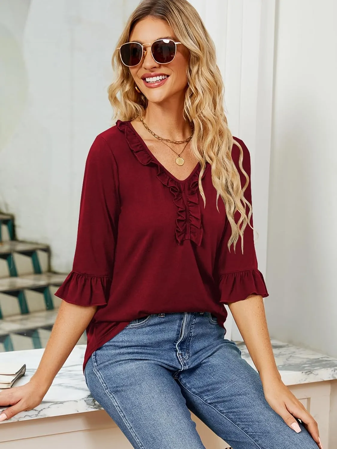 Poetsky Women's 3/4 Sleeve Tops Casual V Neck Shirts Loose Ruffle Tunic Blouses