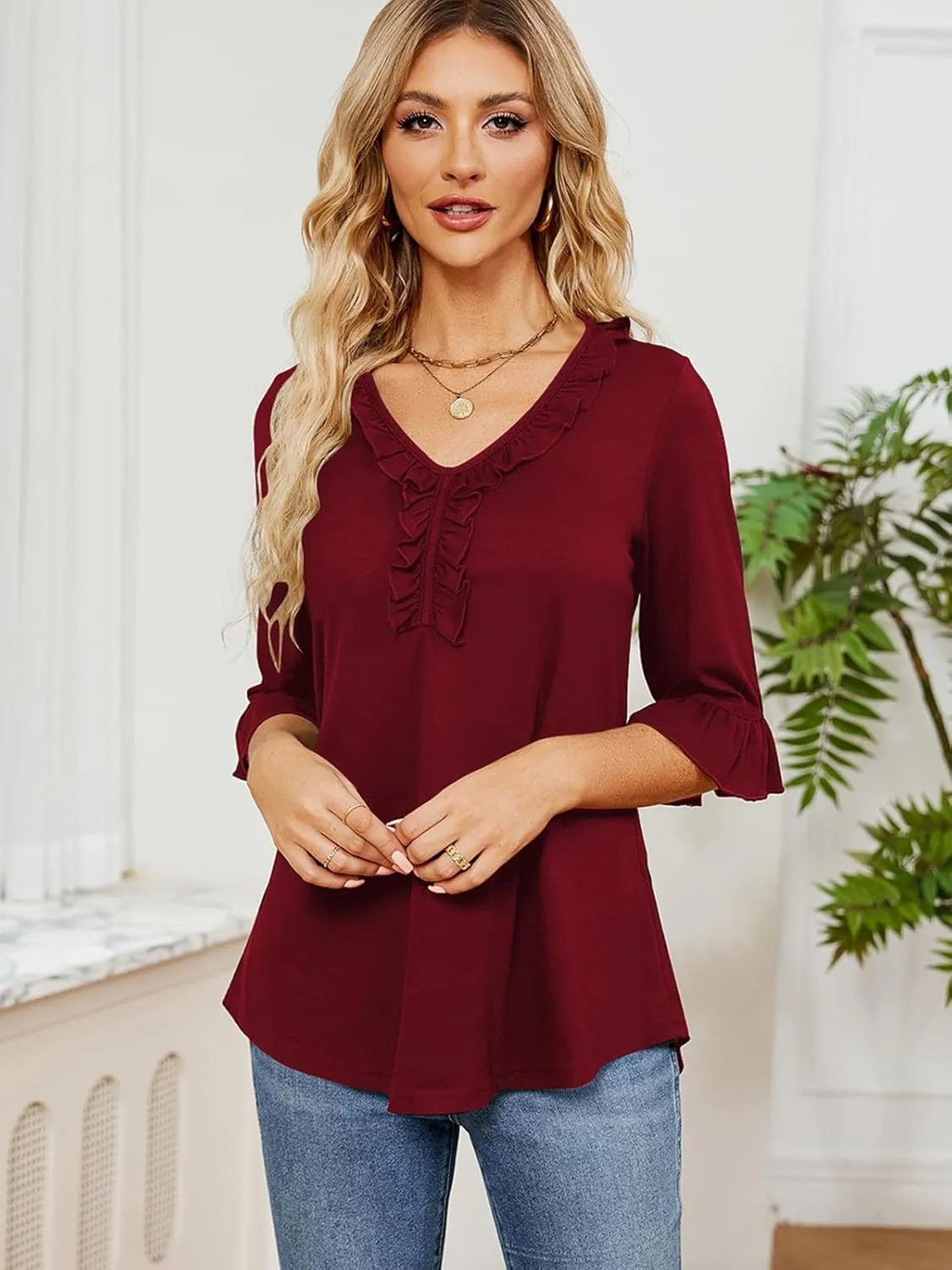 Poetsky Women's 3/4 Sleeve Tops Casual V Neck Shirts Loose Ruffle Tunic Blouses