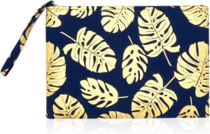 Portable Travel Multi Clutch Cosmetic Pouch Bag - Toiletry Makeup Organizer Wristlet Purse Stripe, Floral, Plaid, Leopard, Snake (Flat Wristlet Clutch - Tropical Leaf Navy)