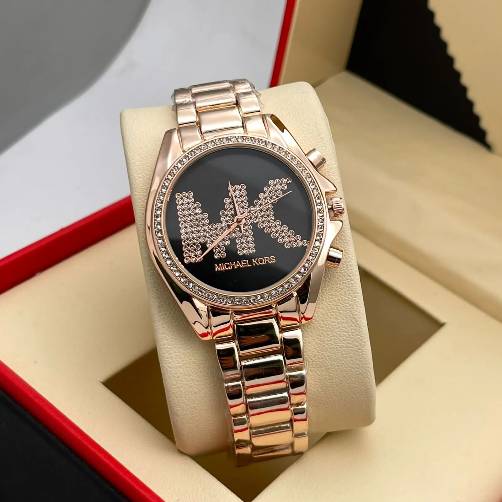 Premium Quality Swiss Watch With Rose Gold Diamond Case & Black Color MK Diamond Dial Stainless Steel Watch For Women's Design For Girl Or Woman Best Gift Date Watch- MK-8156