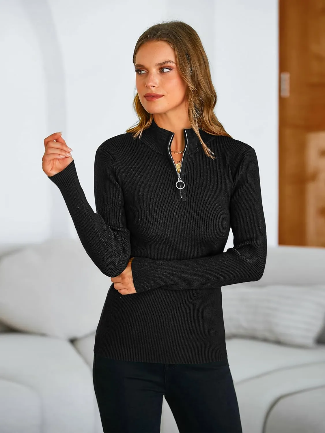 PRETTYGARDEN Fall Quarter Zip Pullover Sweaters for Women 2025 Long Sleeve Collared Fitted Ribbed Knit Tops